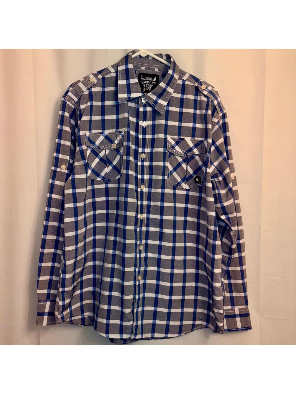 Akademiks Men's XL Blue White Plaid Long Sleeve Casual Button Down Shirt